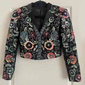 Embellished Floral Sequin Cropped Blazer - Black